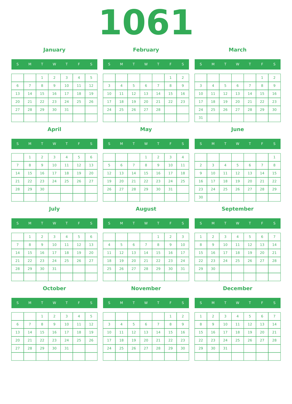 Printable 1061 Year Calendars green