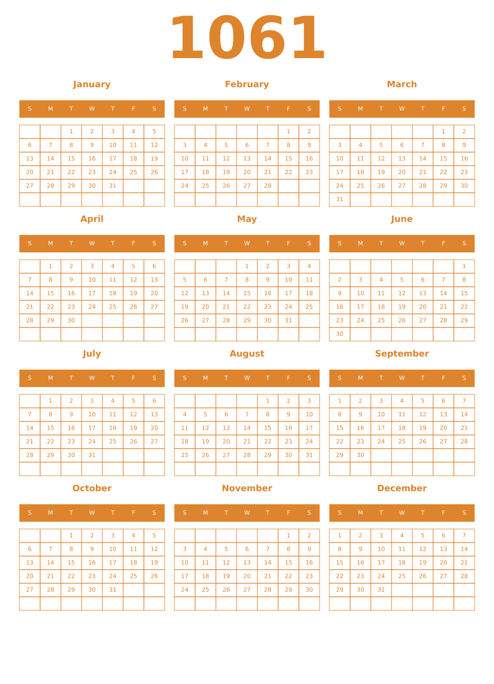 Printable 1061 Year Calendars orange
