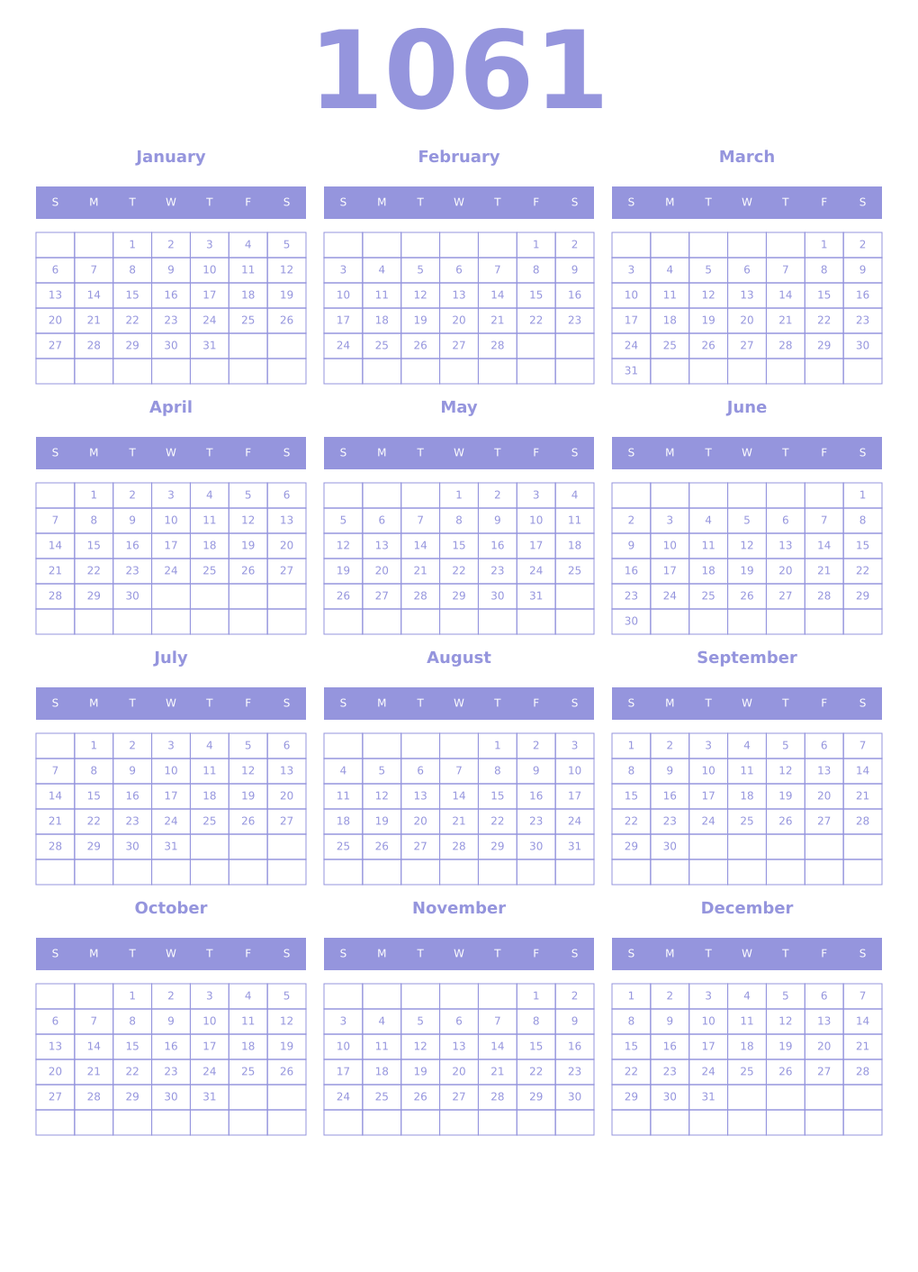 Printable 1061 Year Calendars periwinkle