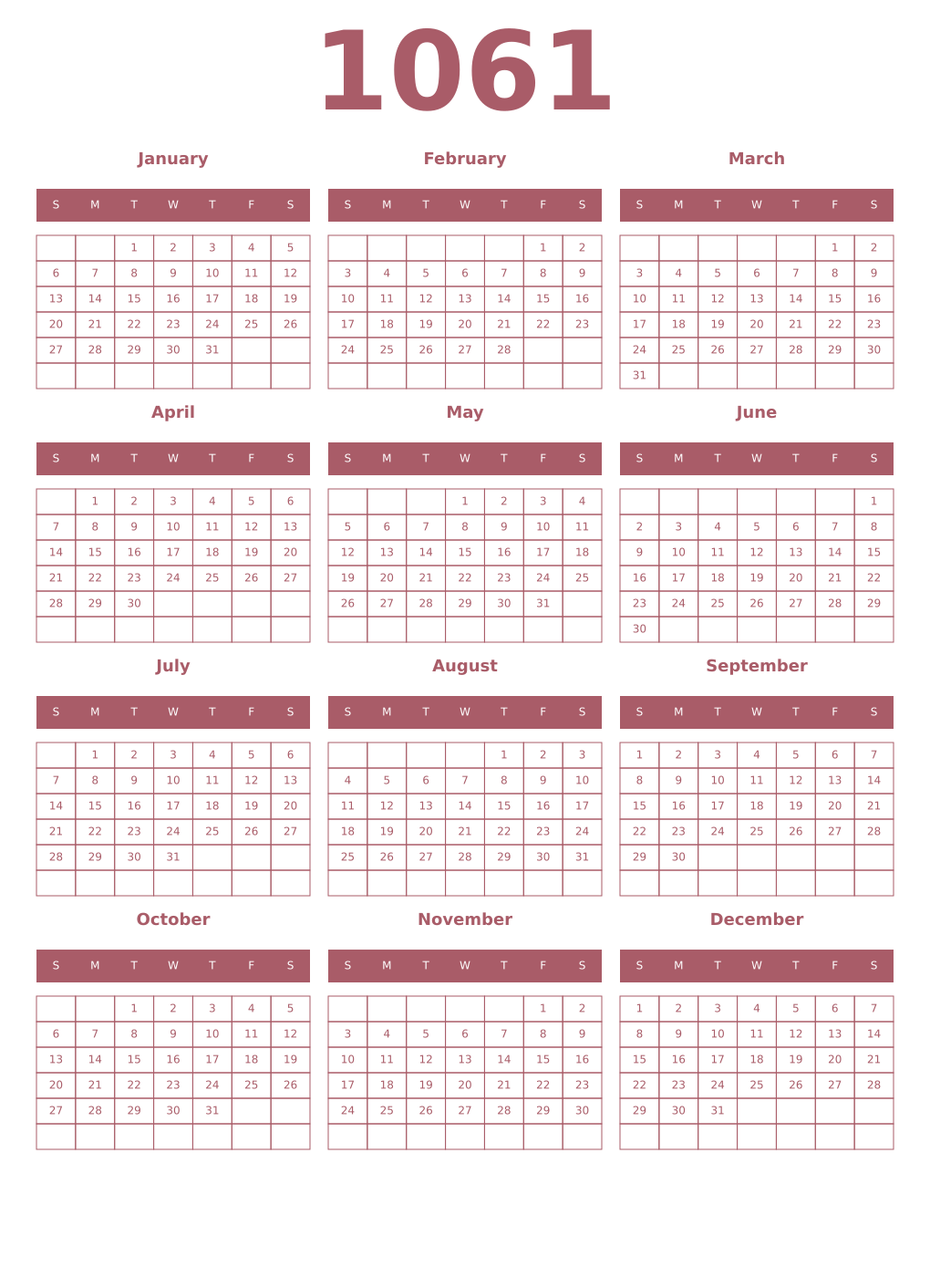 Printable 1061 Year Calendars puce