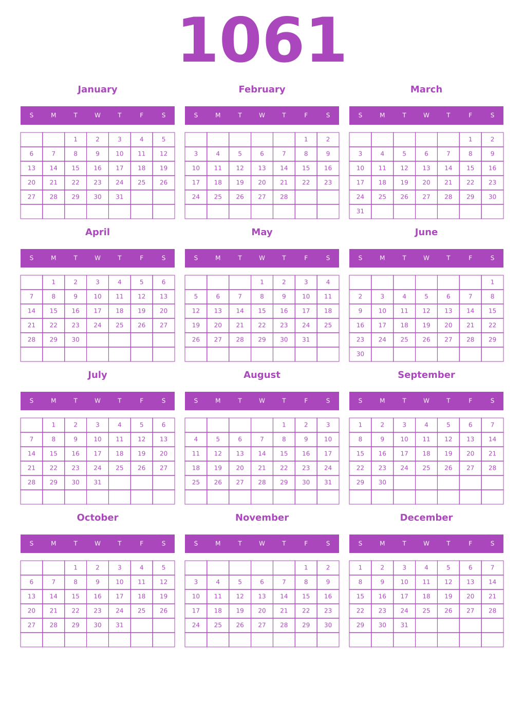 Printable 1061 Year Calendars purple