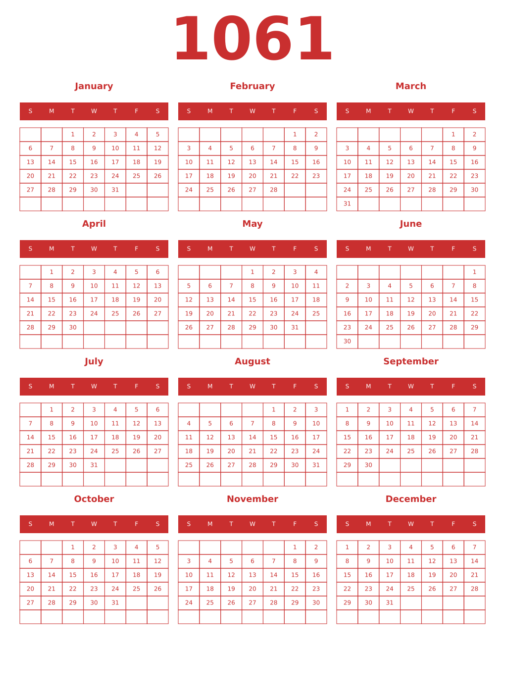Printable 1061 Year Calendars red