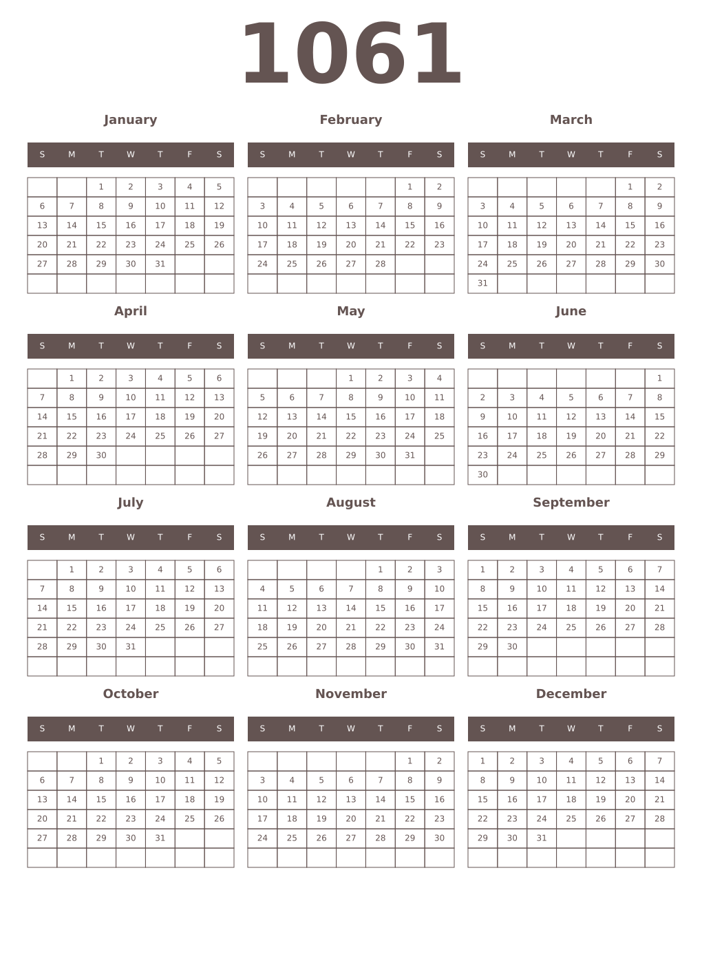Printable 1061 Year Calendars wenge
