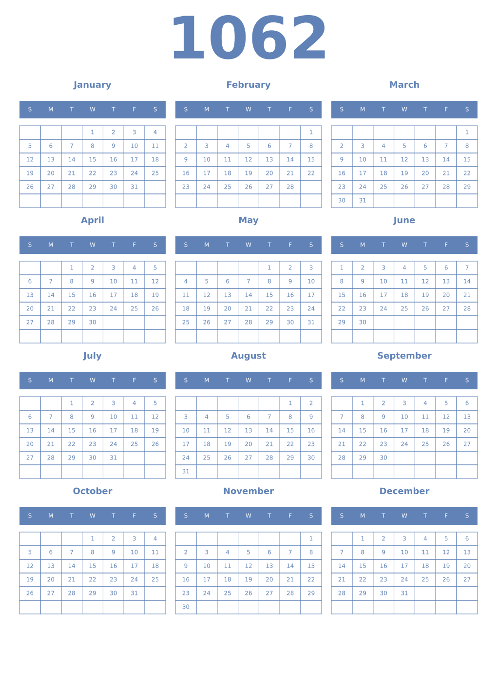 Printable 1062 Year Calendars glaucous