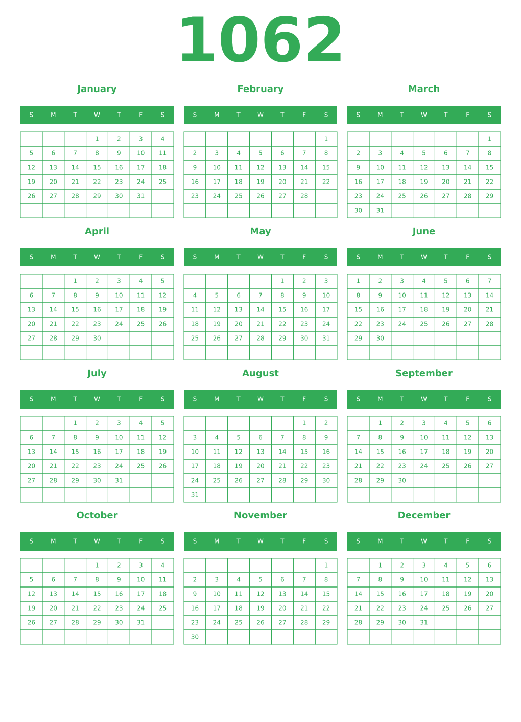 Printable 1062 Year Calendars green