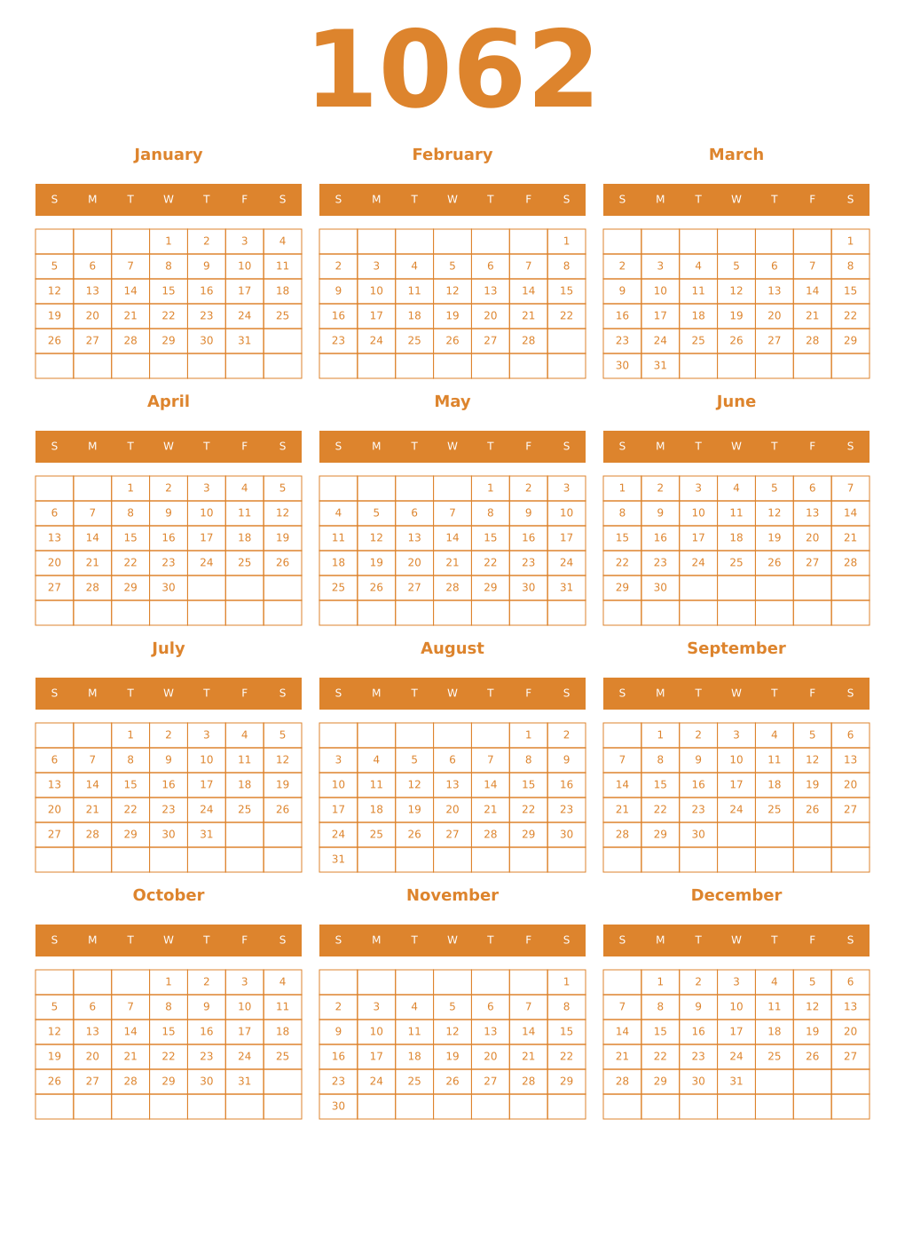 Printable 1062 Year Calendars orange