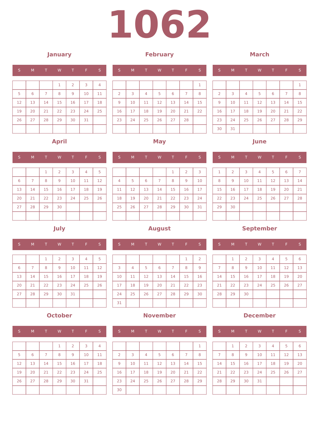 Printable 1062 Year Calendars puce