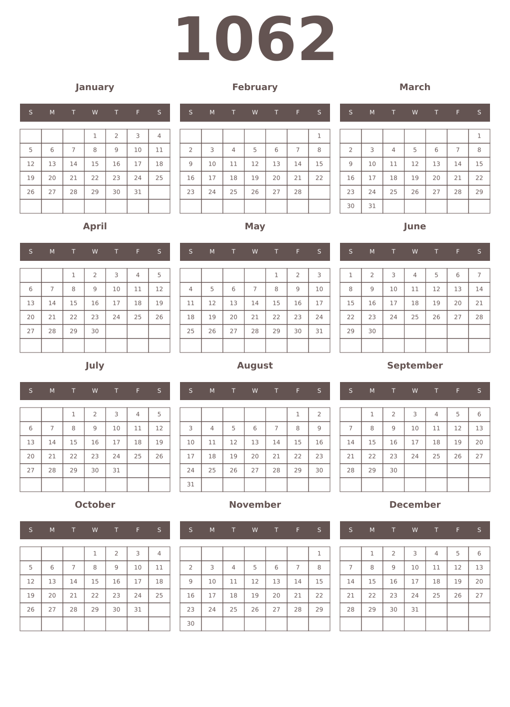 Printable 1062 Year Calendars wenge