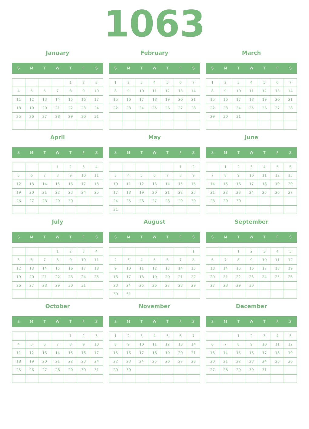 Printable 1063 Year Calendars celadon