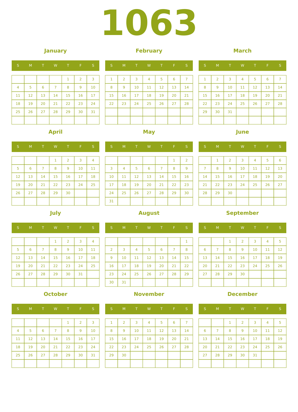 Printable 1063 Year Calendars chartreuse