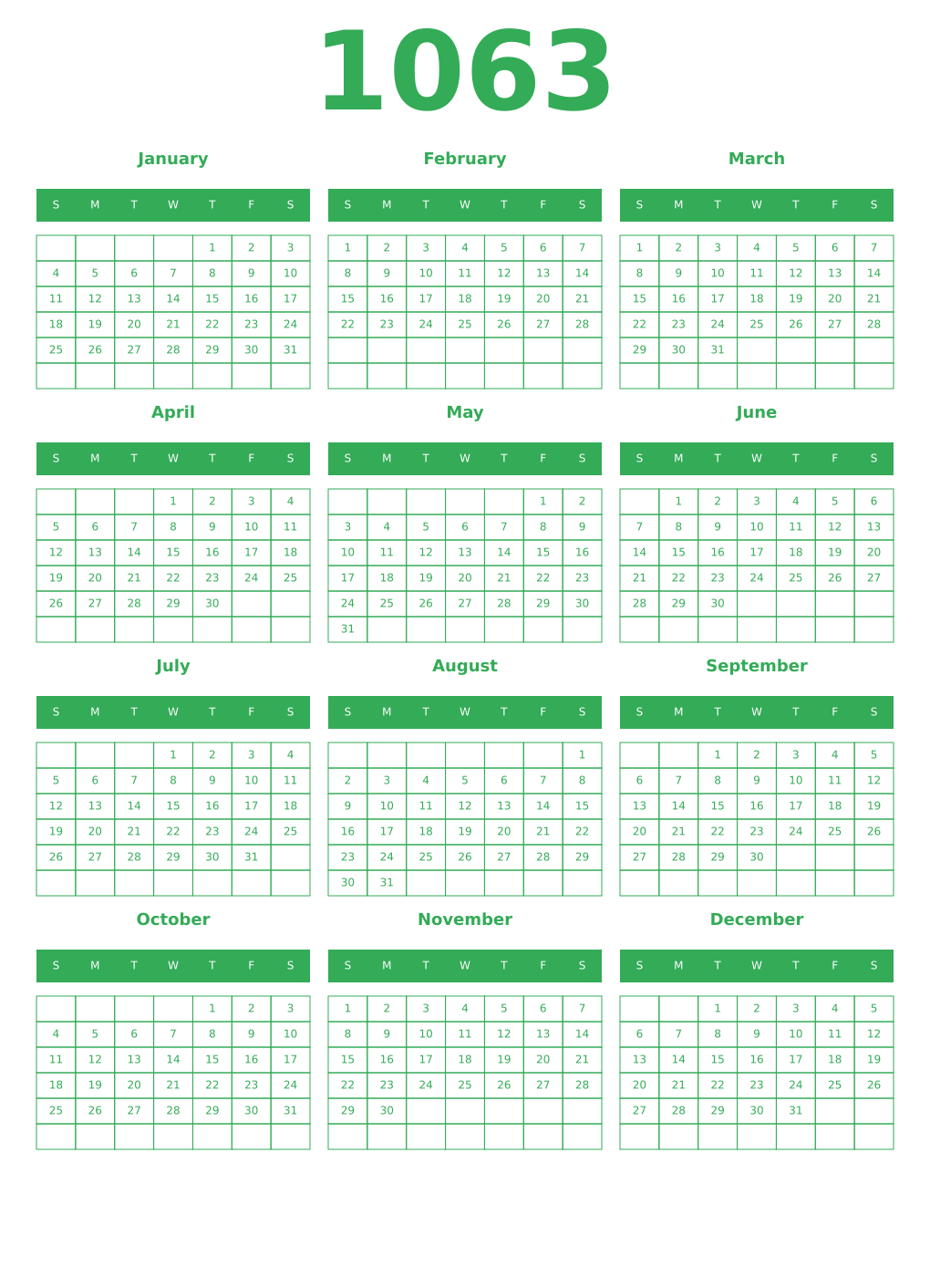 Printable 1063 Year Calendars green