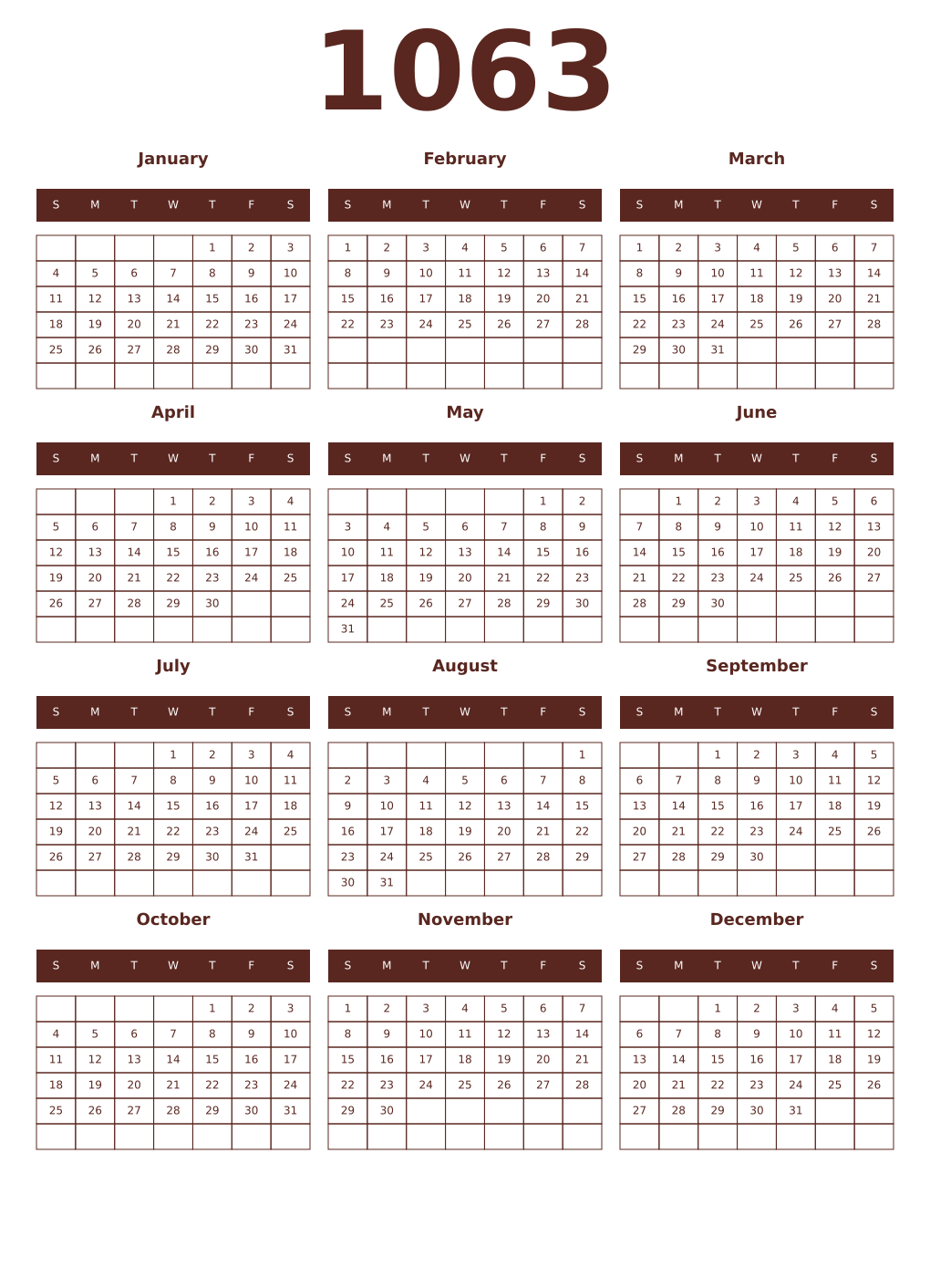 Printable 1063 Year Calendars mortuum