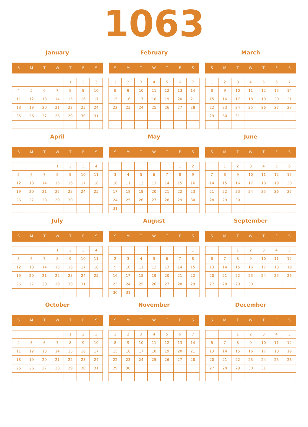 Printable 1063 Year Calendars orange