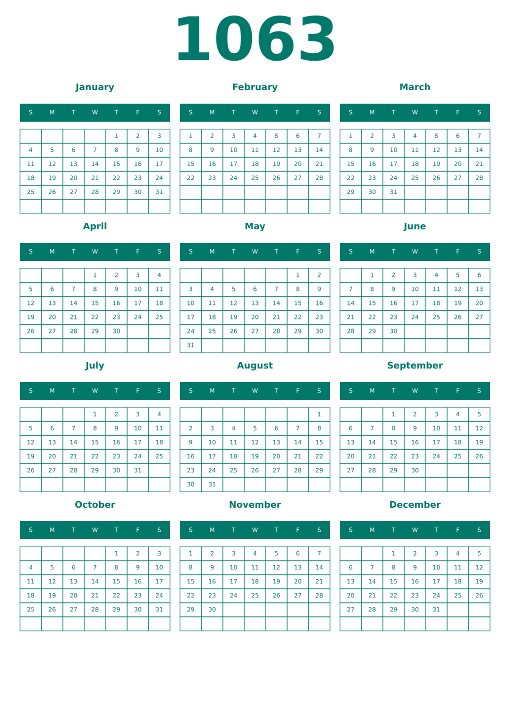 Printable 1063 Year Calendars pastel