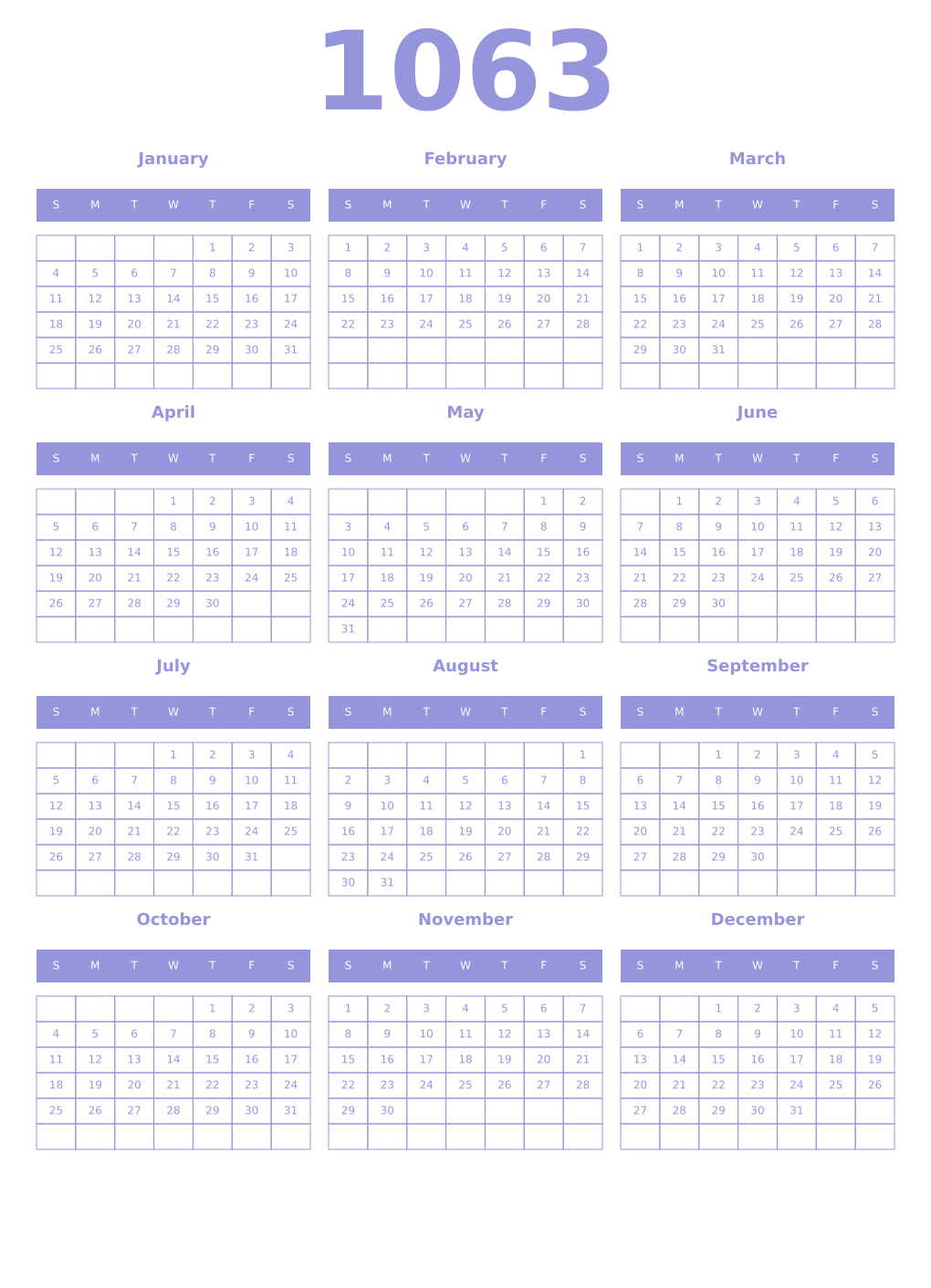 Printable 1063 Year Calendars periwinkle
