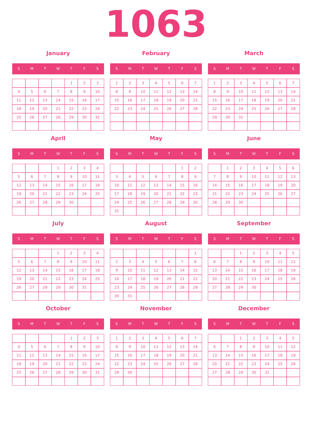 Printable 1063 Year Calendars pink