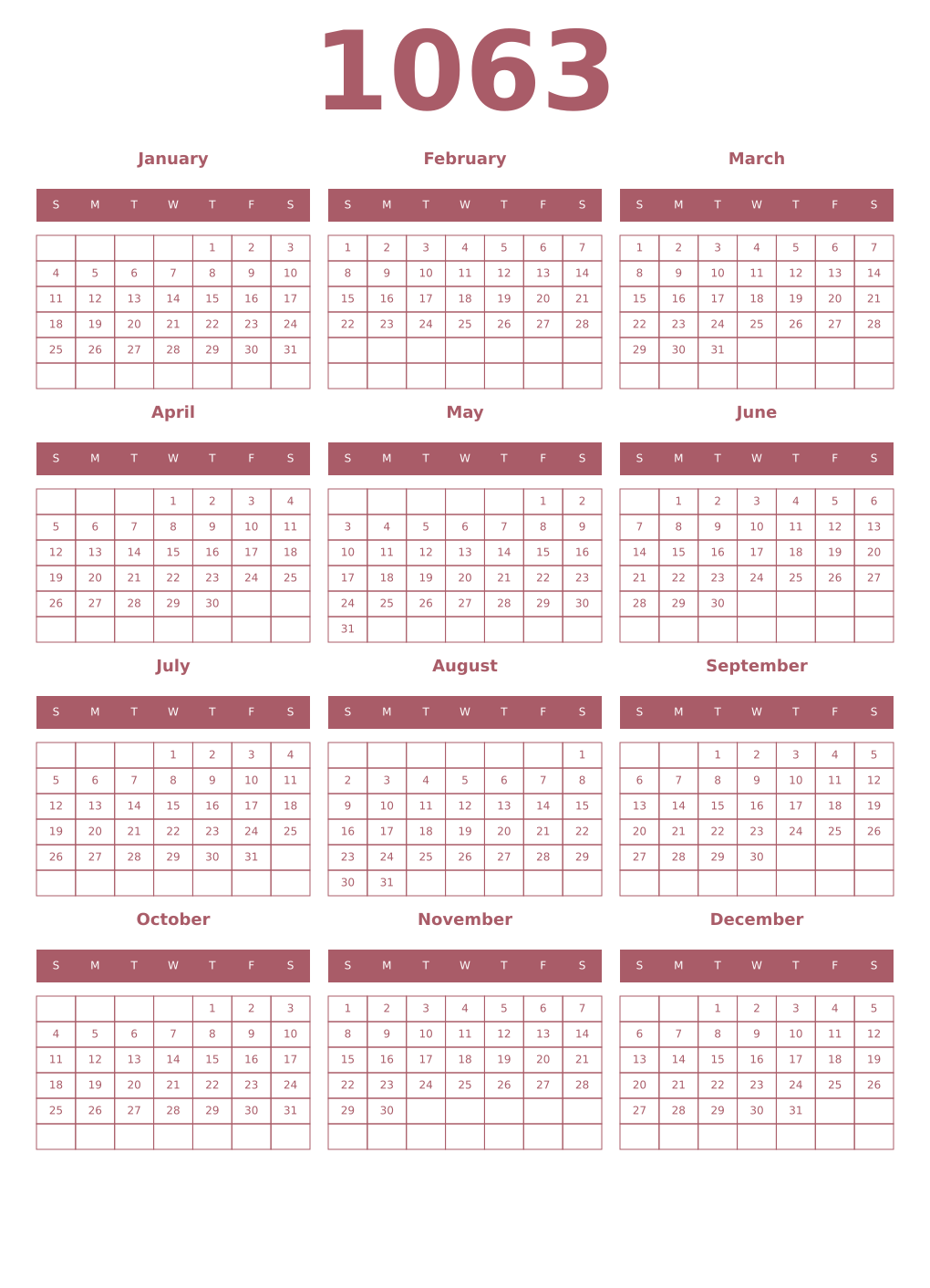 Printable 1063 Year Calendars puce