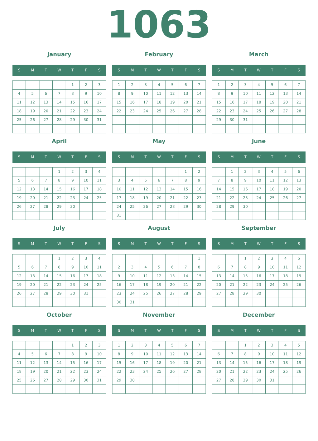 Printable 1063 Year Calendars viridian