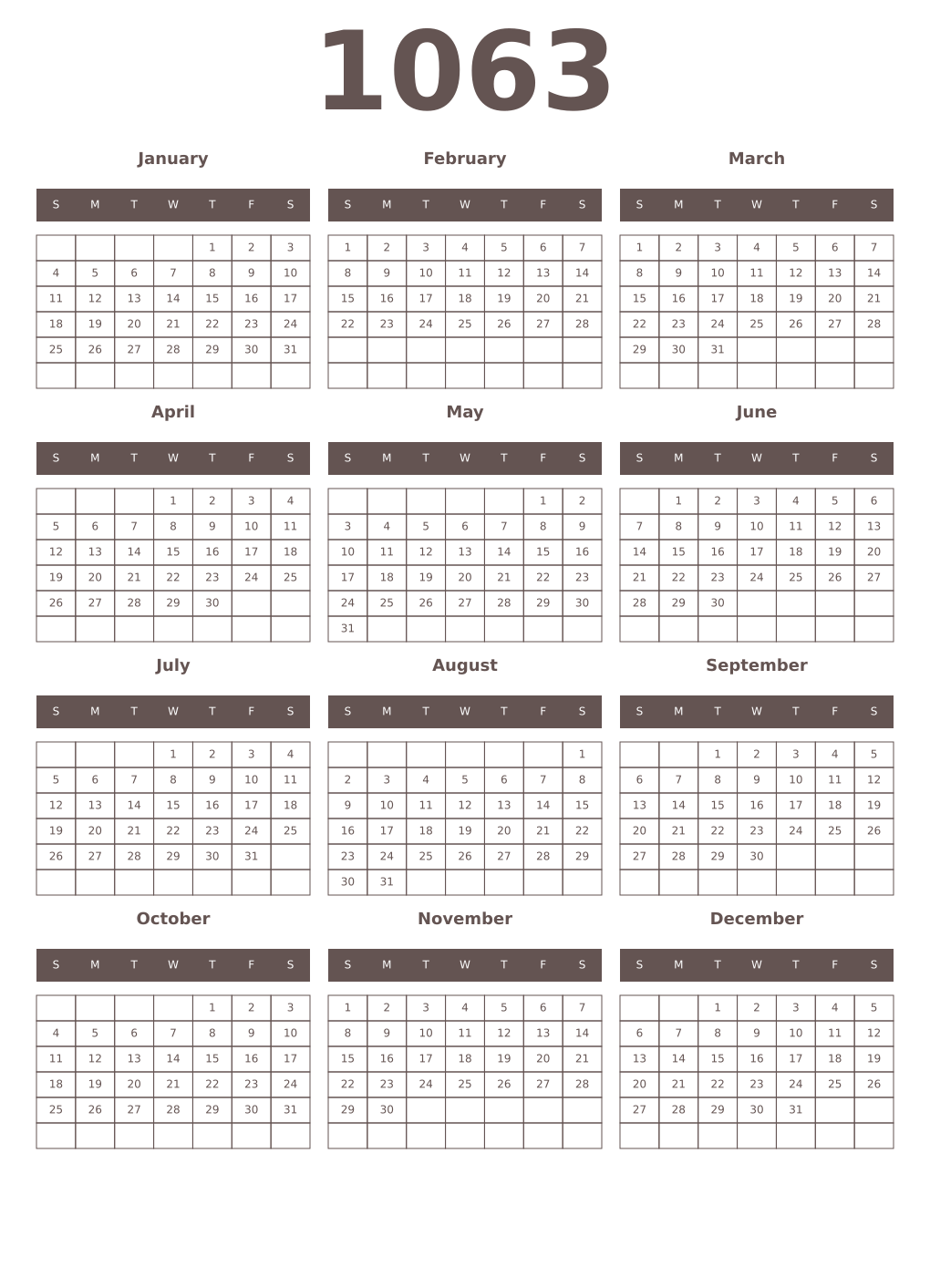Printable 1063 Year Calendars wenge