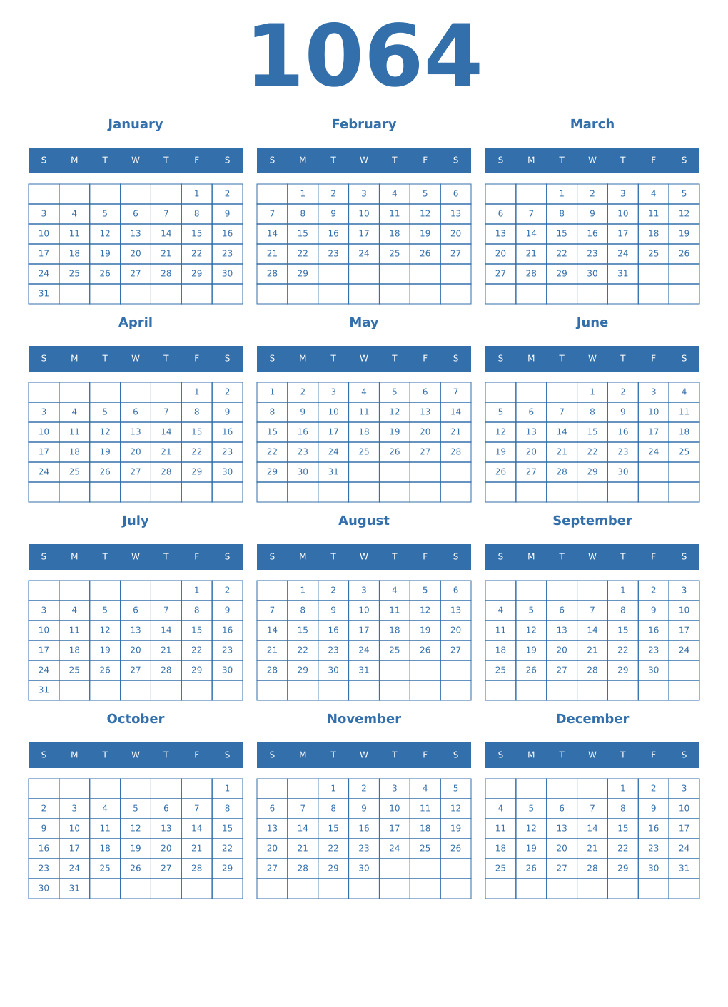 Printable 1064 Year Calendars blue