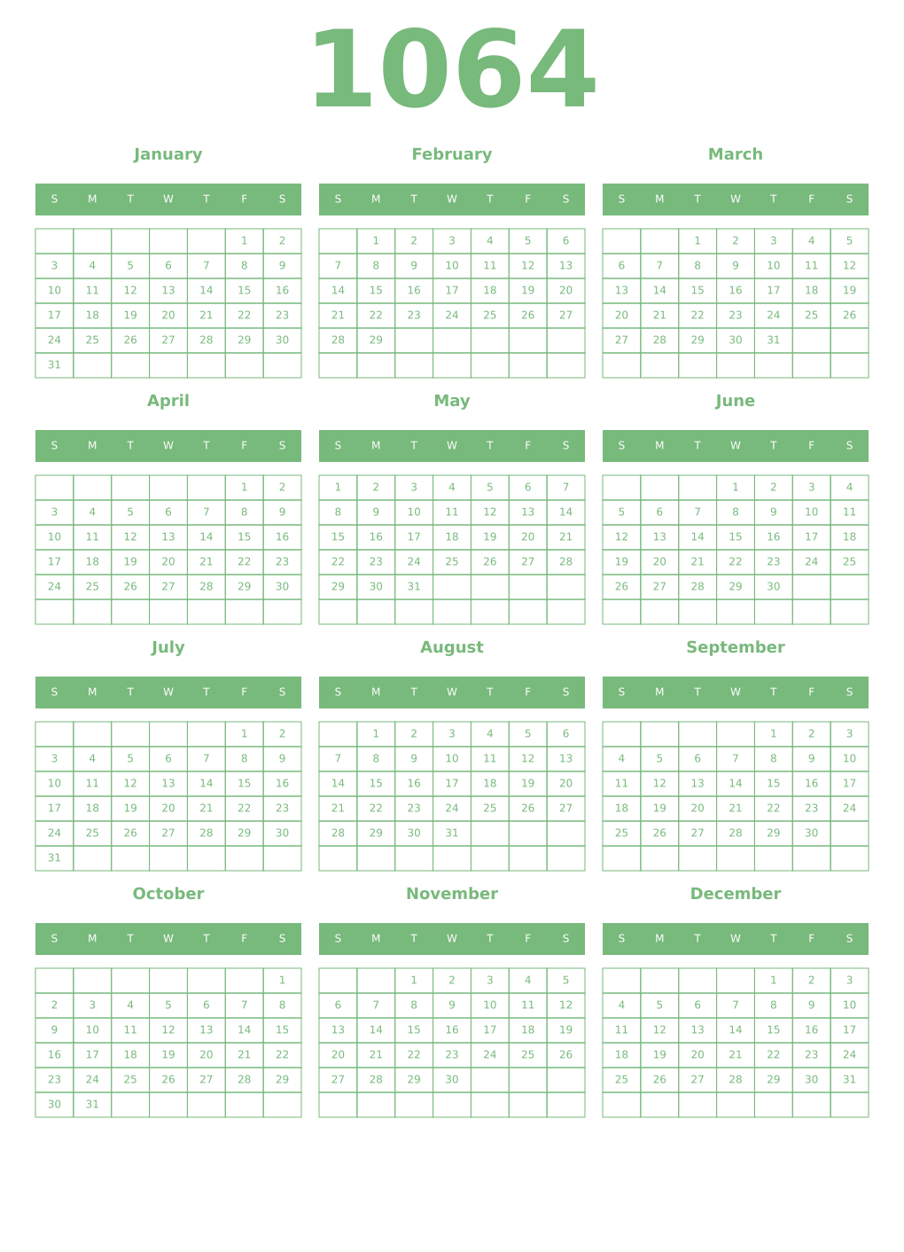 Printable 1064 Year Calendars celadon