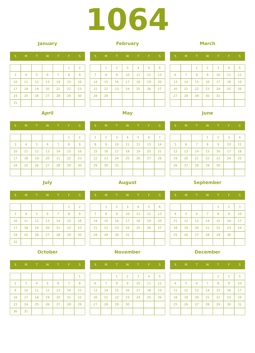 Printable 1064 Year Calendars chartreuse