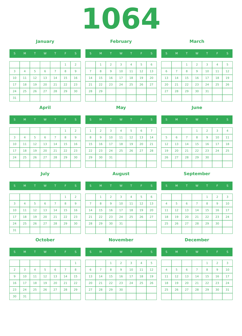 Printable 1064 Year Calendars green