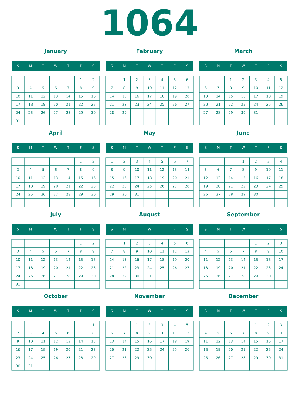 Printable 1064 Year Calendars pastel