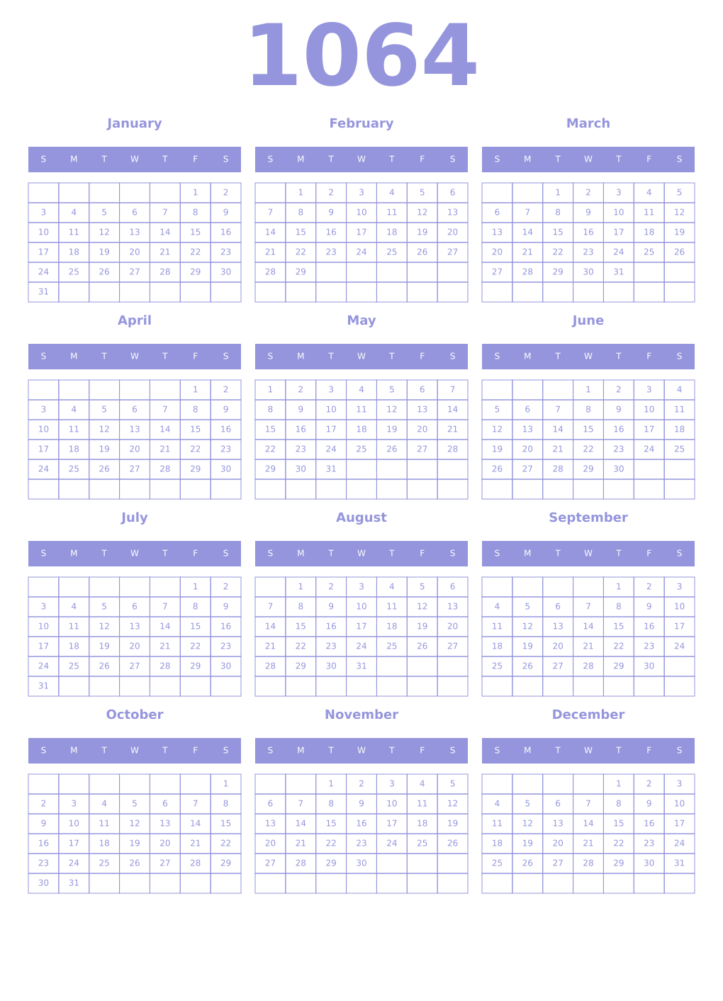 Printable 1064 Year Calendars periwinkle