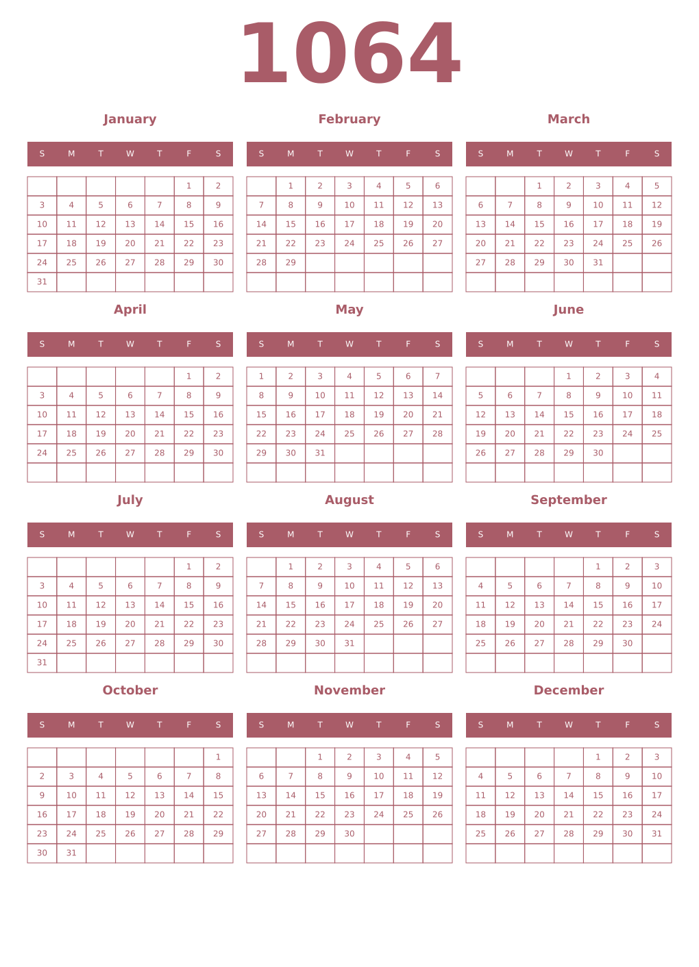 Printable 1064 Year Calendars puce