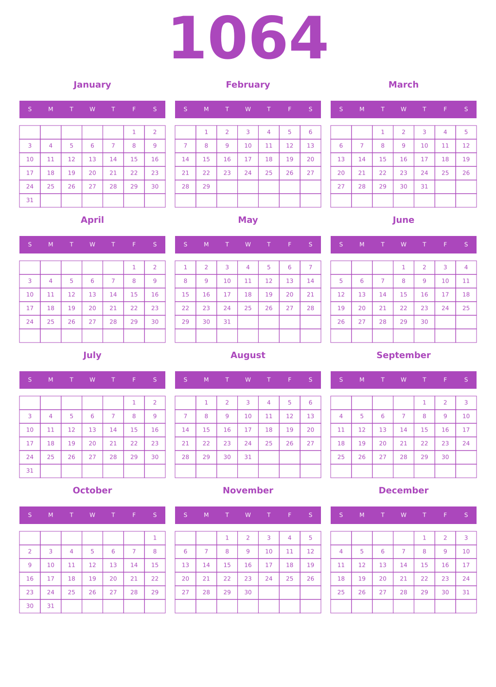 Printable 1064 Year Calendars purple