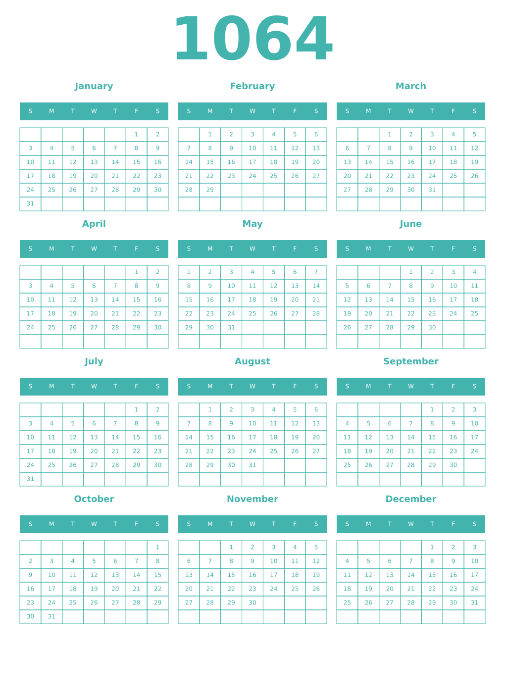 Printable 1064 Year Calendars verdigris