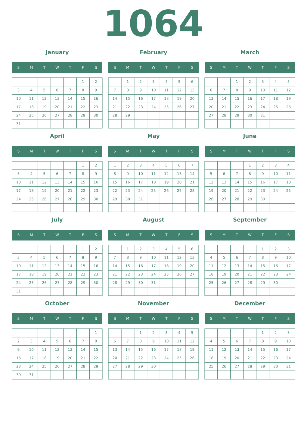 Printable 1064 Year Calendars viridian