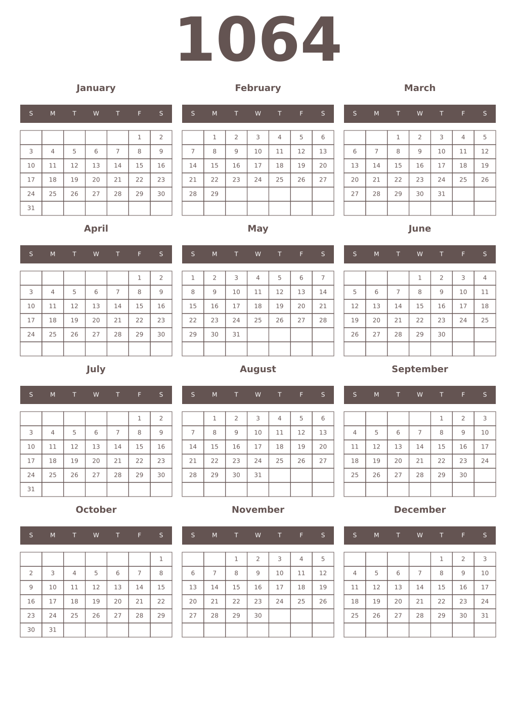Printable 1064 Year Calendars wenge
