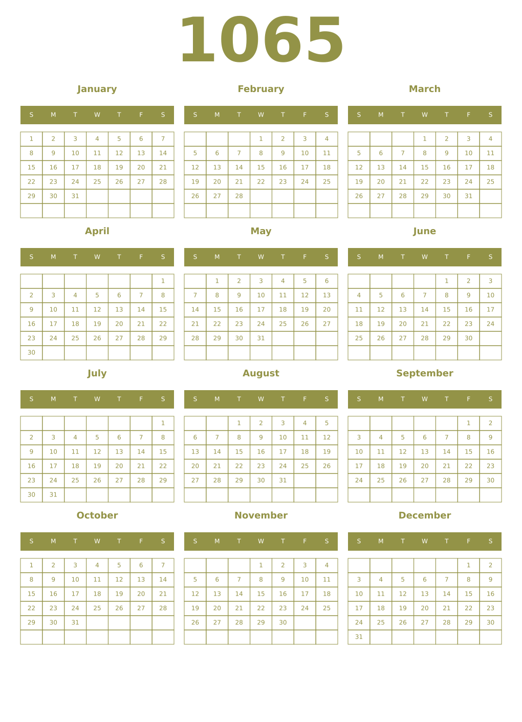 Printable 1065 Year Calendars eburnean