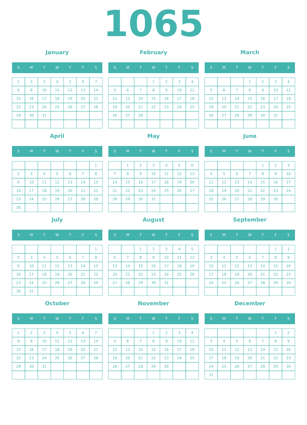 Printable 1065 Year Calendars verdigris