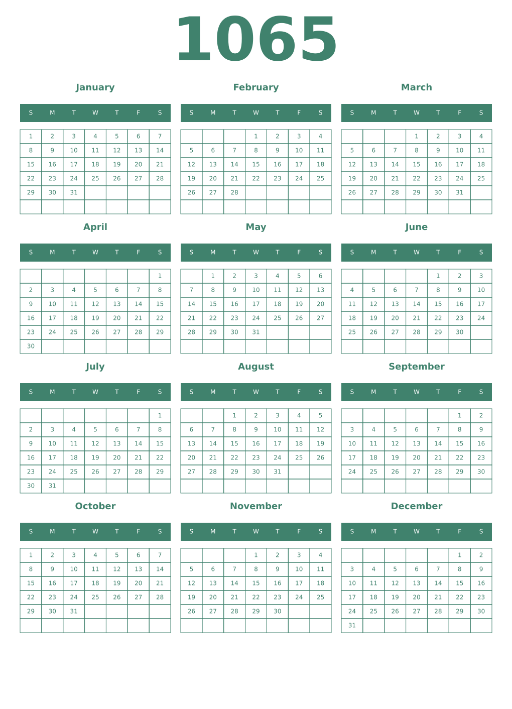 Printable 1065 Year Calendars viridian