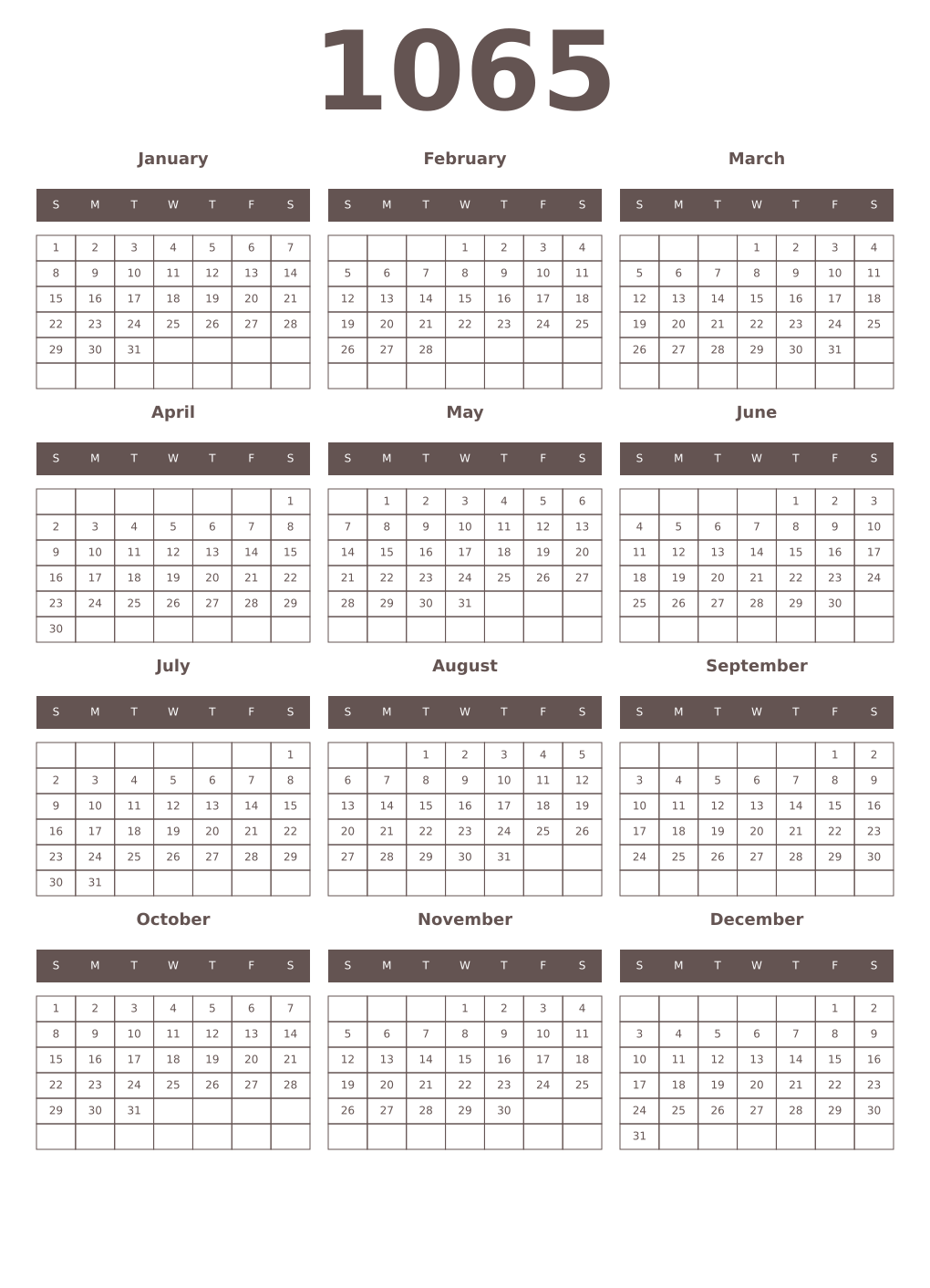 Printable 1065 Year Calendars wenge