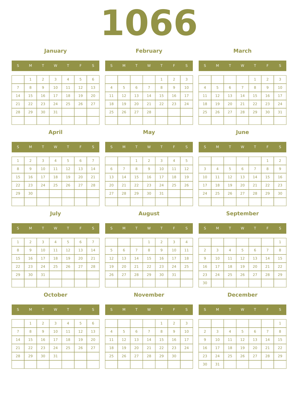 Printable 1066 Year Calendars eburnean
