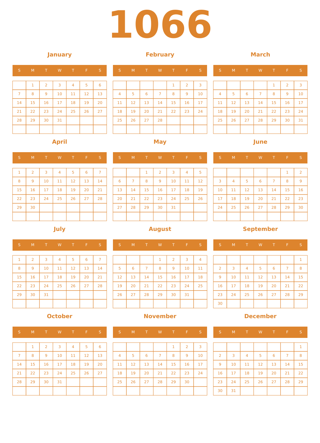 Printable 1066 Year Calendars orange