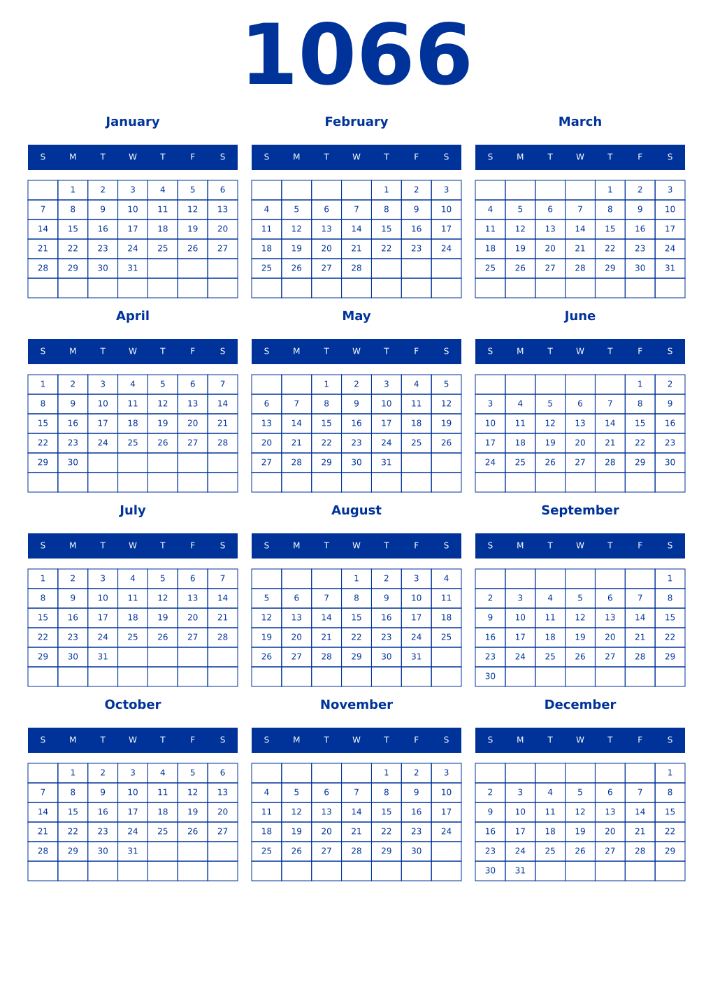 Printable 1066 Year Calendars smalt