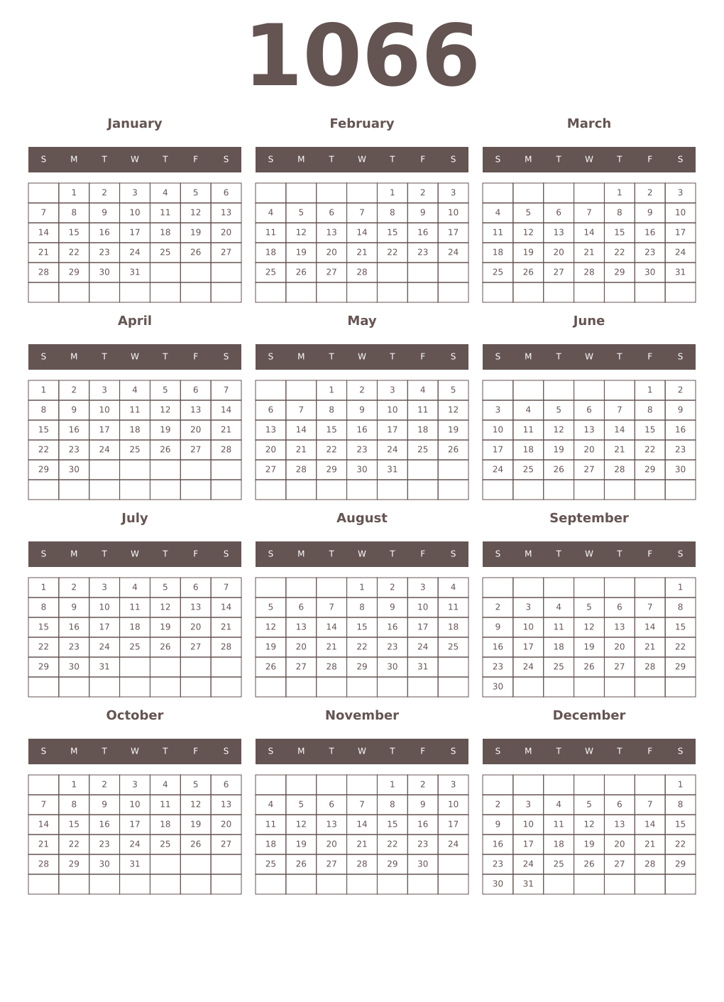 Printable 1066 Year Calendars wenge
