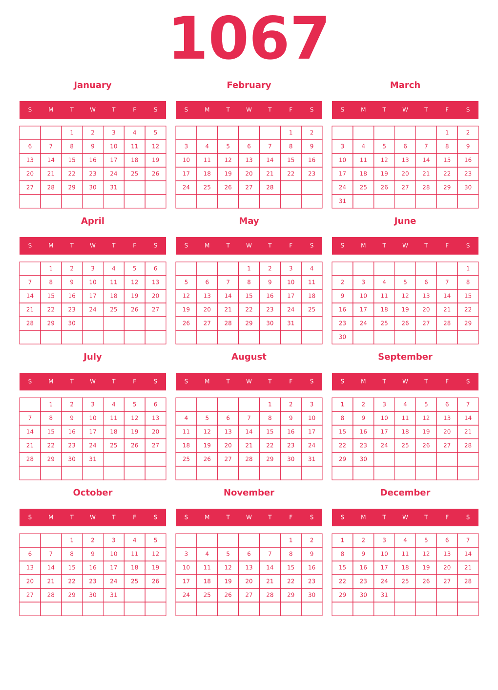 Printable 1067 Year Calendars amaranth