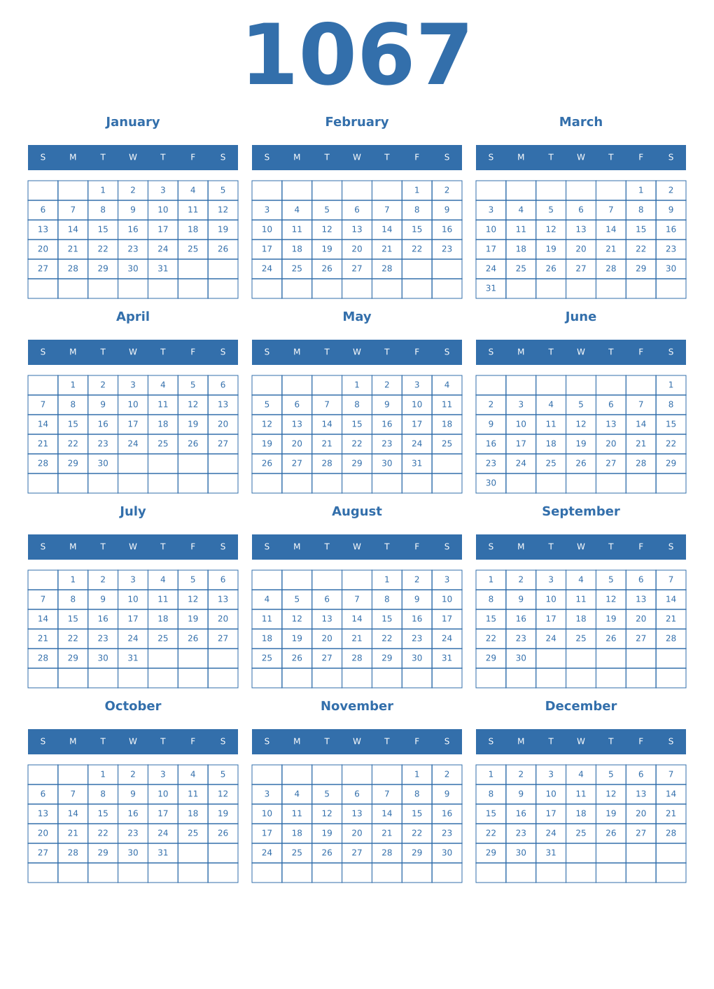 Printable 1067 Year Calendars blue