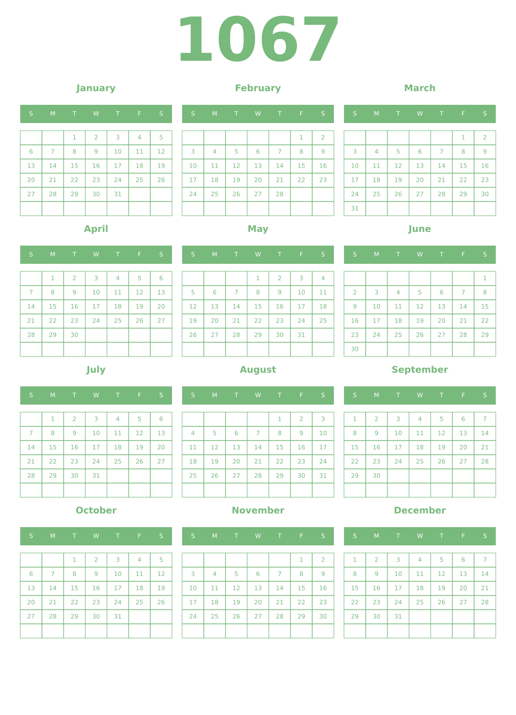 Printable 1067 Year Calendars celadon