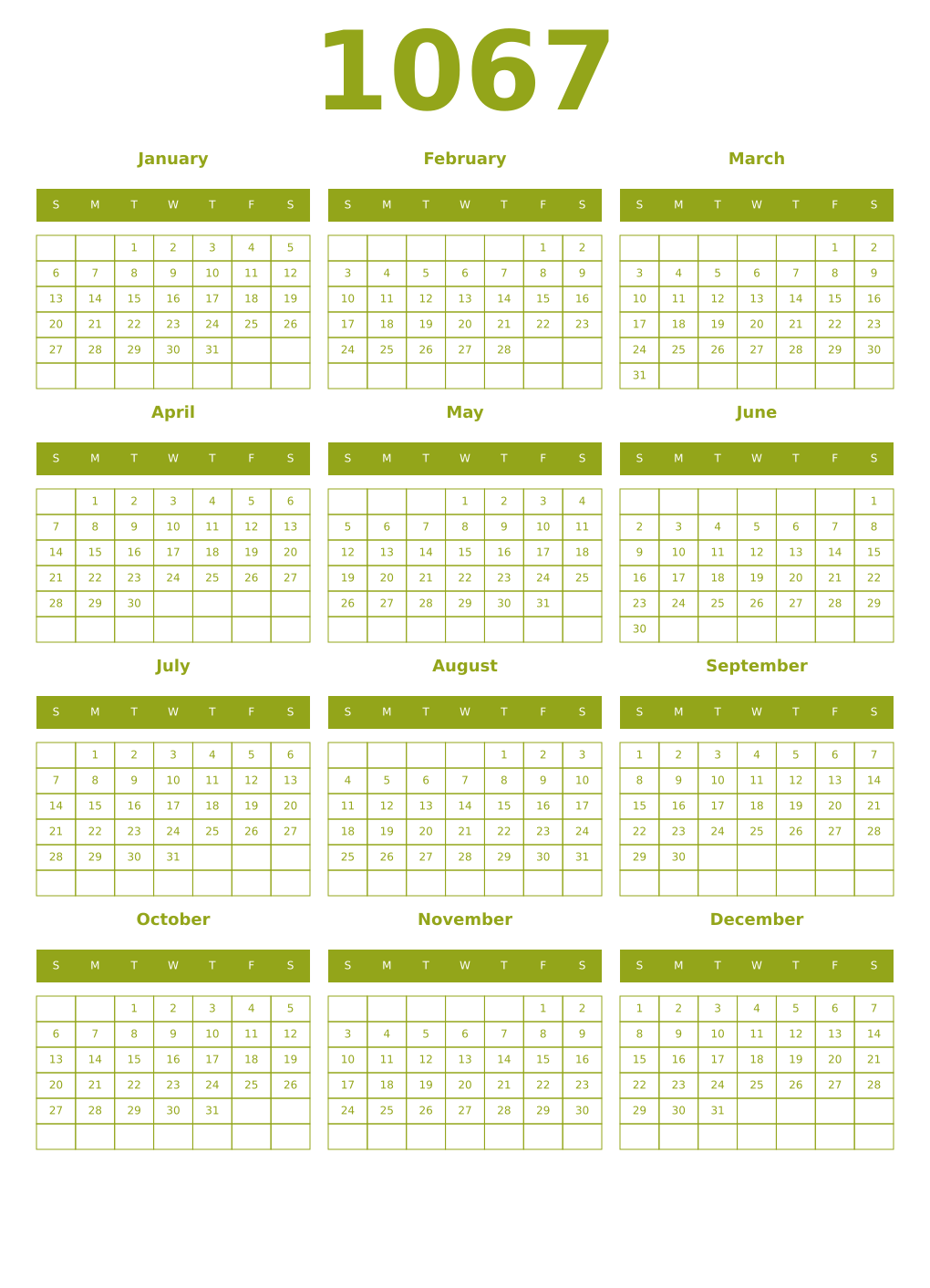Printable 1067 Year Calendars chartreuse