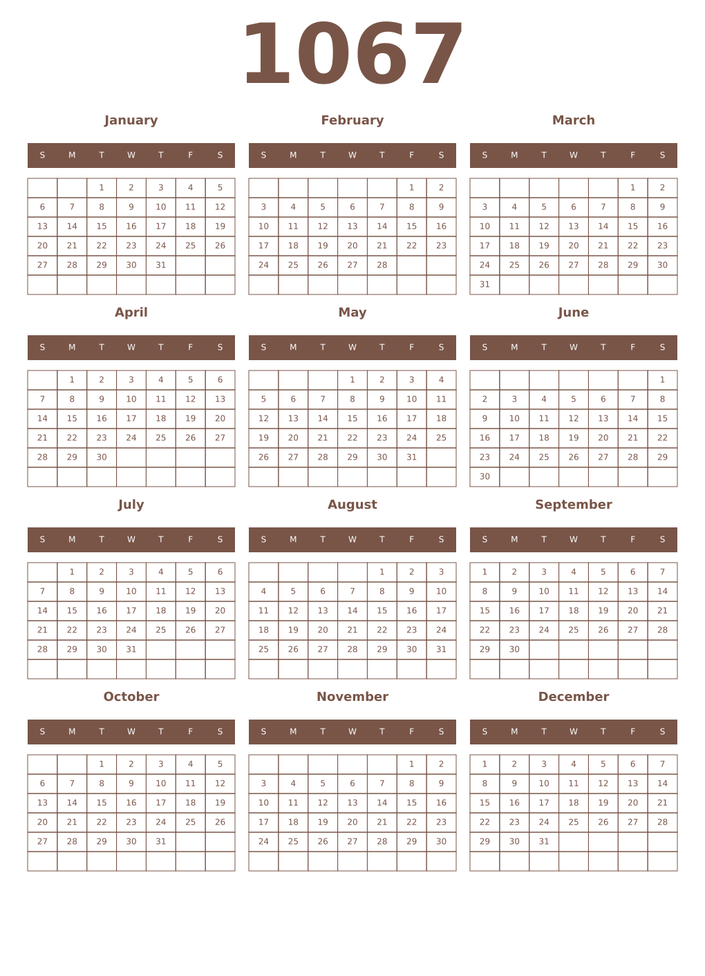 Printable 1067 Year Calendars coffe