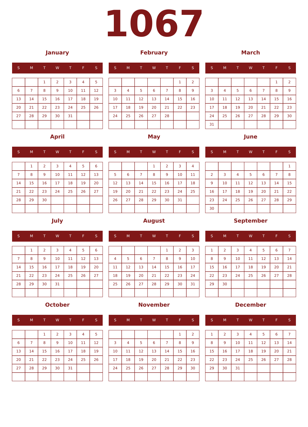 Printable 1067 Year Calendars falu