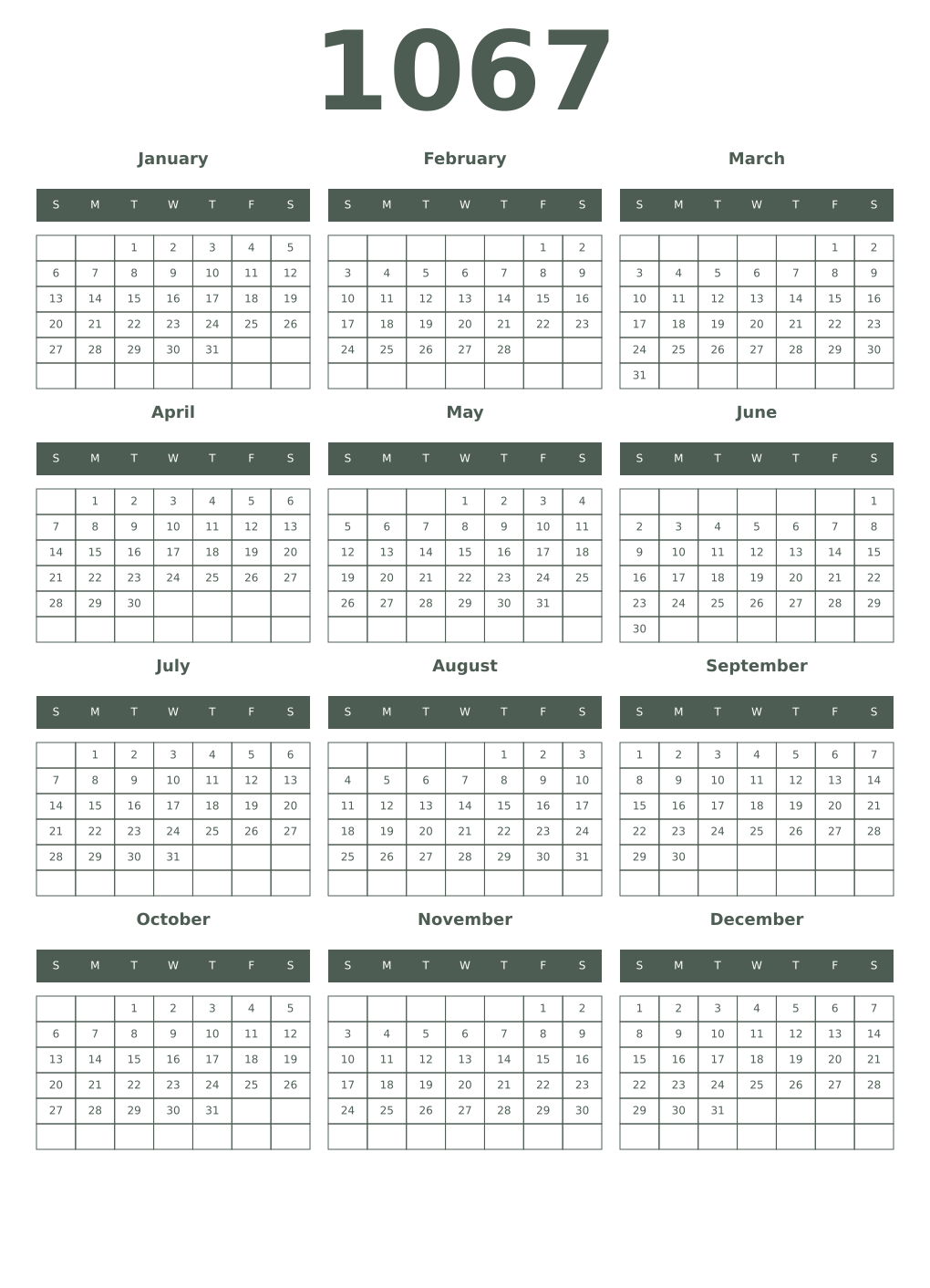 Printable 1067 Year Calendars feldgrau