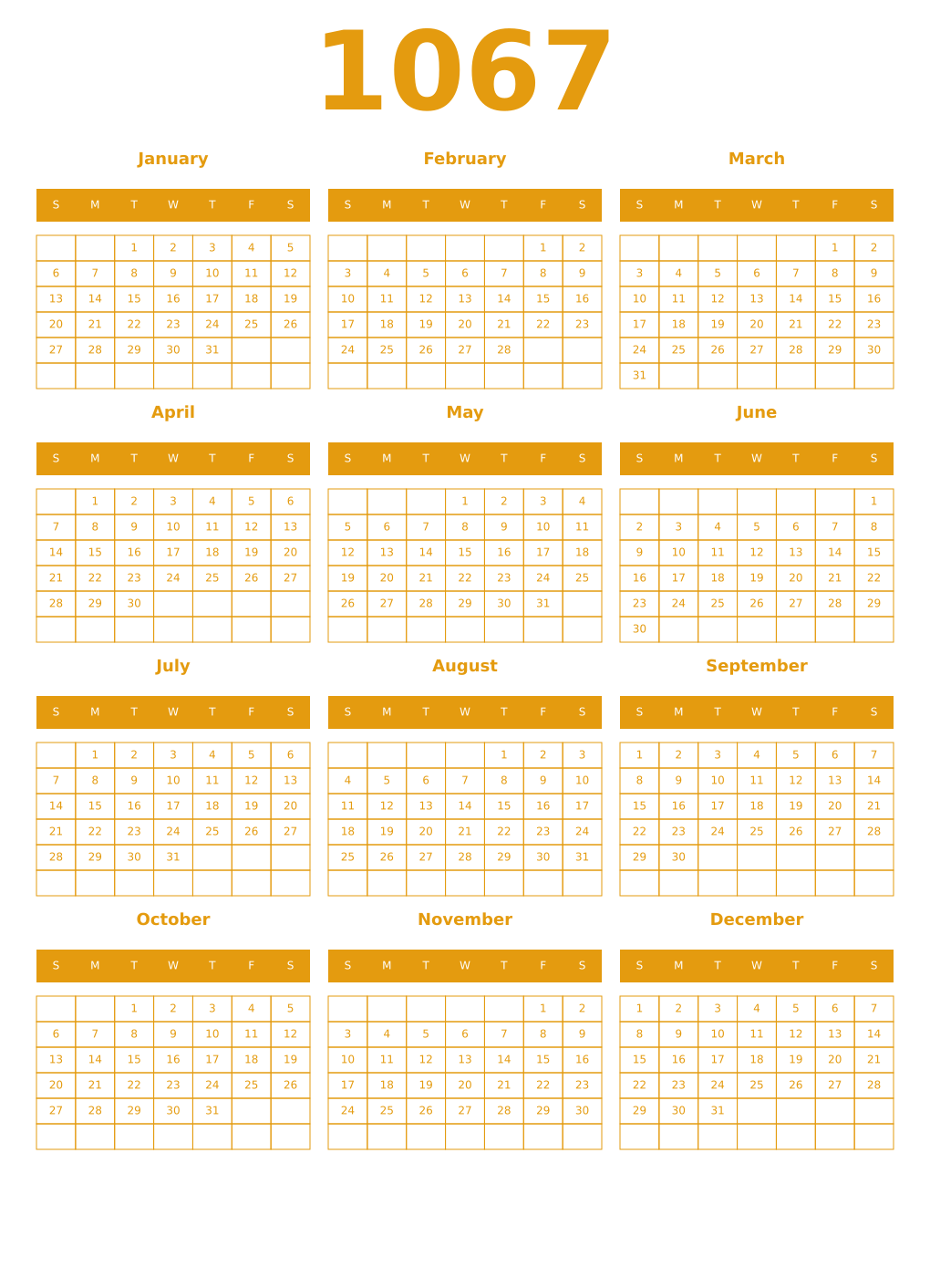 Printable 1067 Year Calendars gamboge